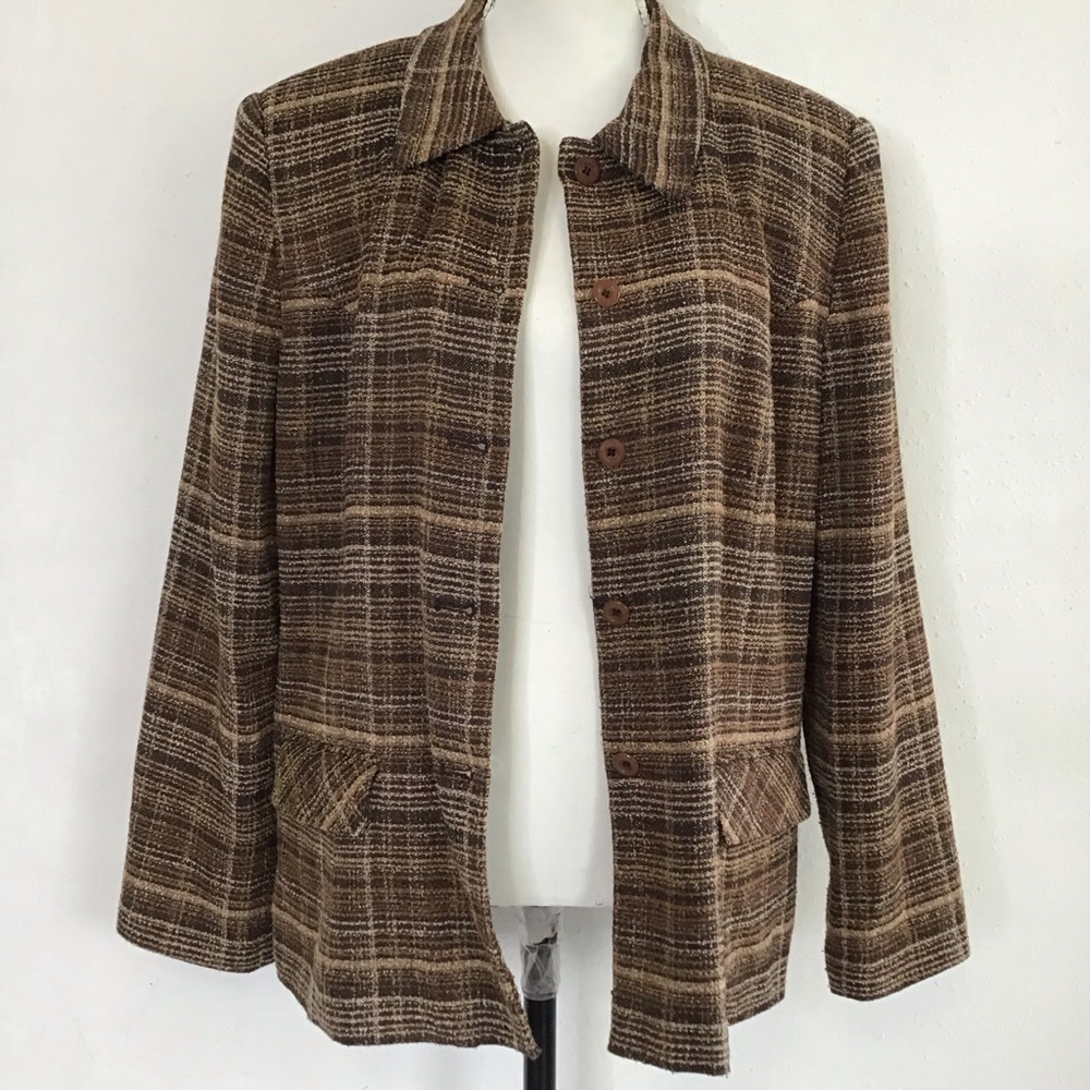 SAG HARBOR Vintage Women Brown Plaid Career Blazer, Size 14 - Picture 8 of 13